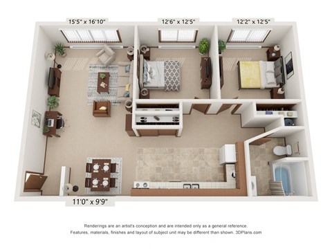 Floor plan for 2 beds, 1 bath, 870 sqft